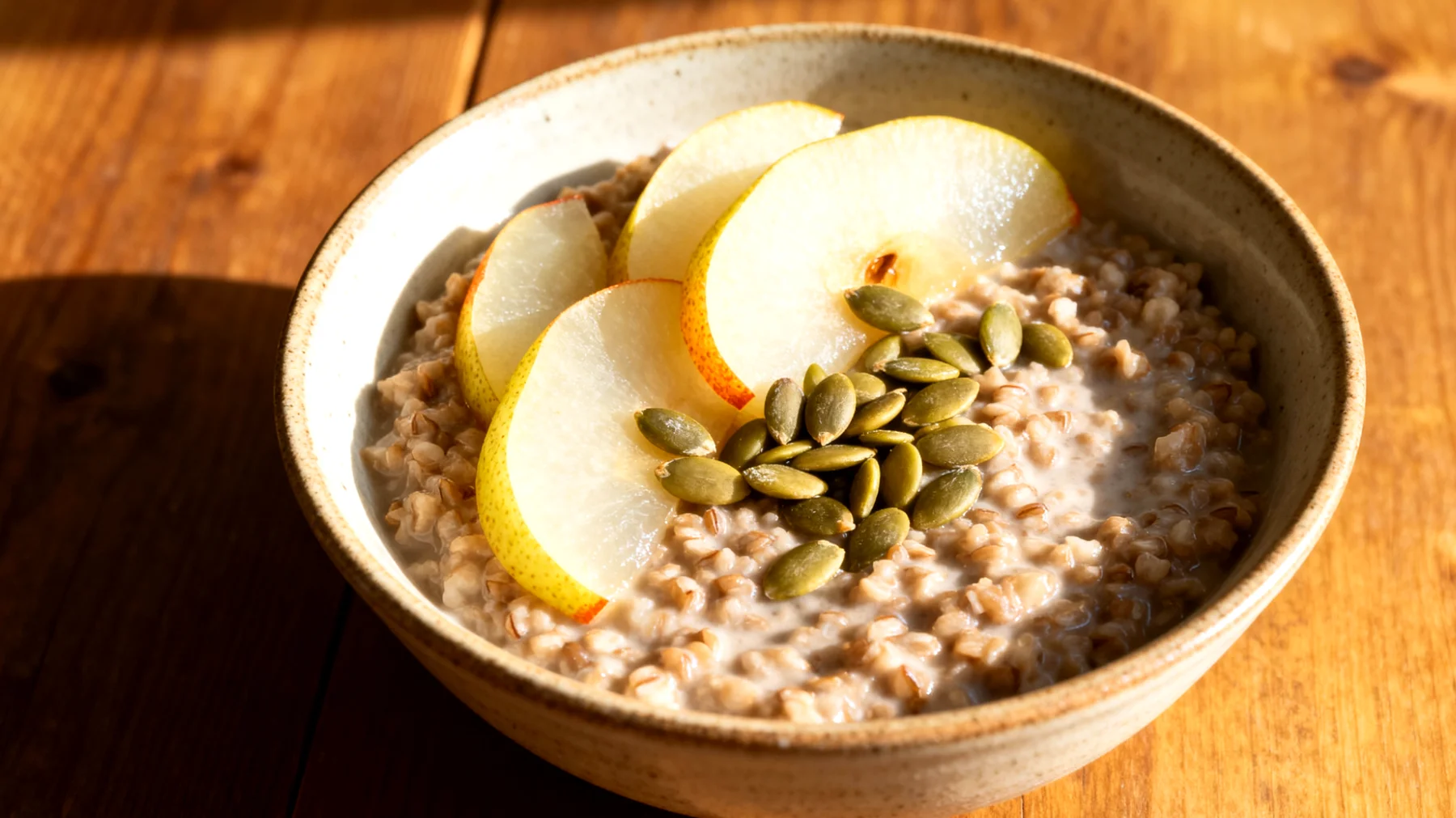 Buchweizen-Porridge mit fermentierten Birnen und Kürbiskernen"