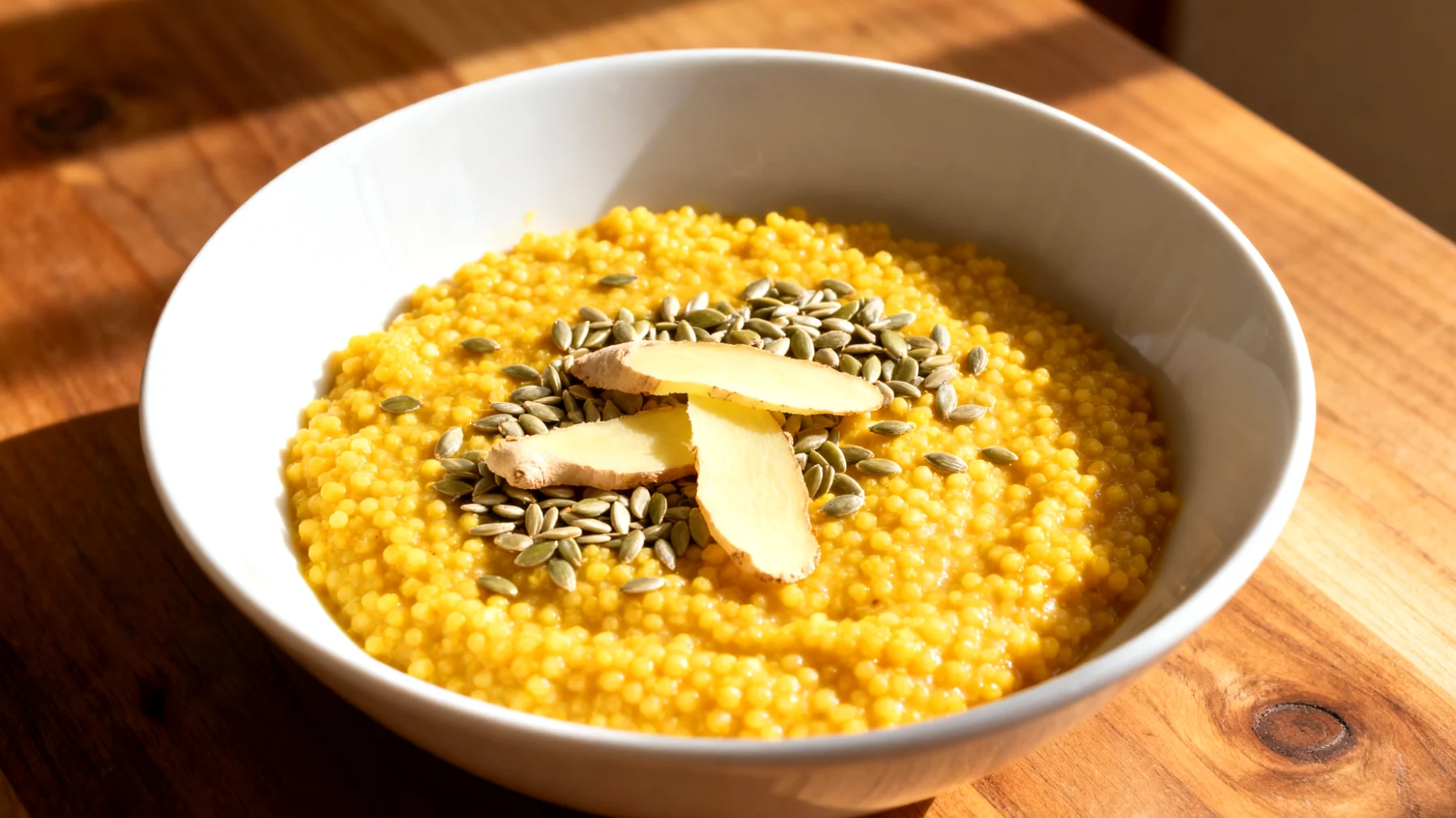 Hirse-Porridge mit Kurkuma, Ingwer und Hanfsamen"