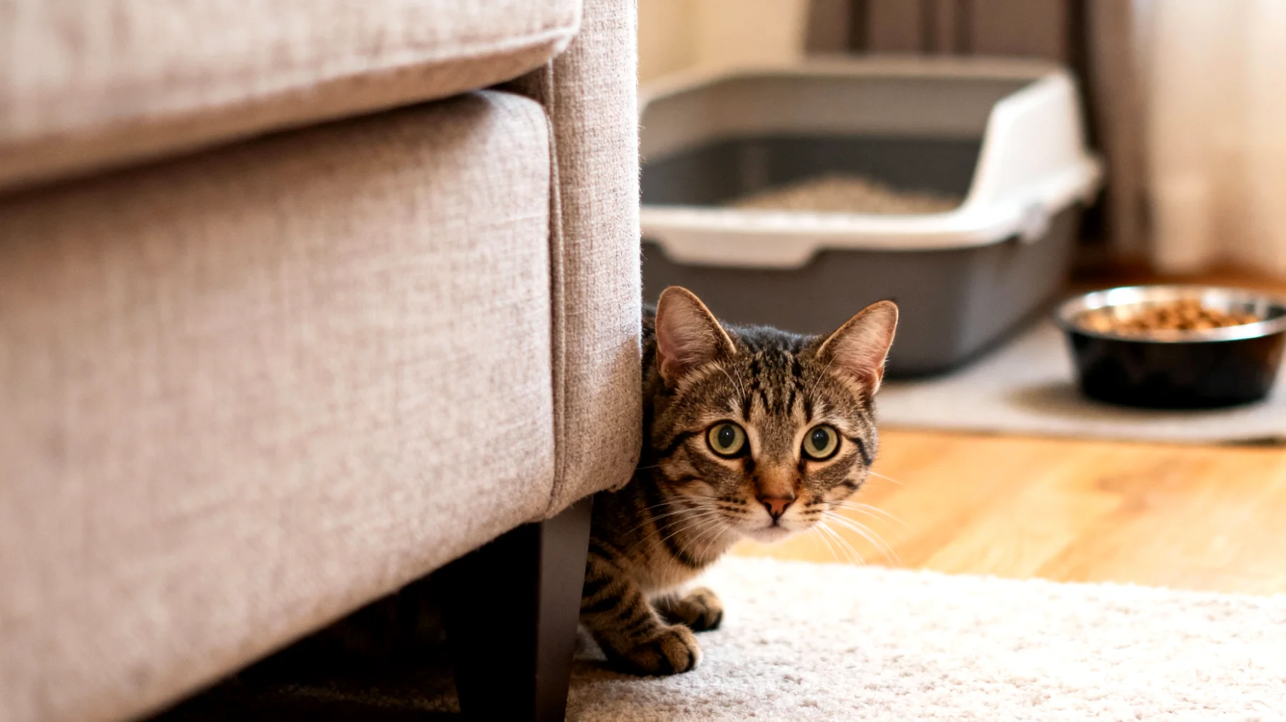 Neue Katze fühlt sich in der Wohnung unsicher und versteckt sich ständig, findet schwer Zugang zu wichtigen Bereichen wie Futter, Wasser und Katzentoilette"