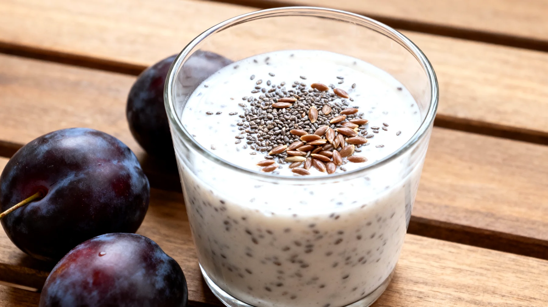 Kefir-Smoothie mit Leinsamen, Pflaumen und Chiasamen"