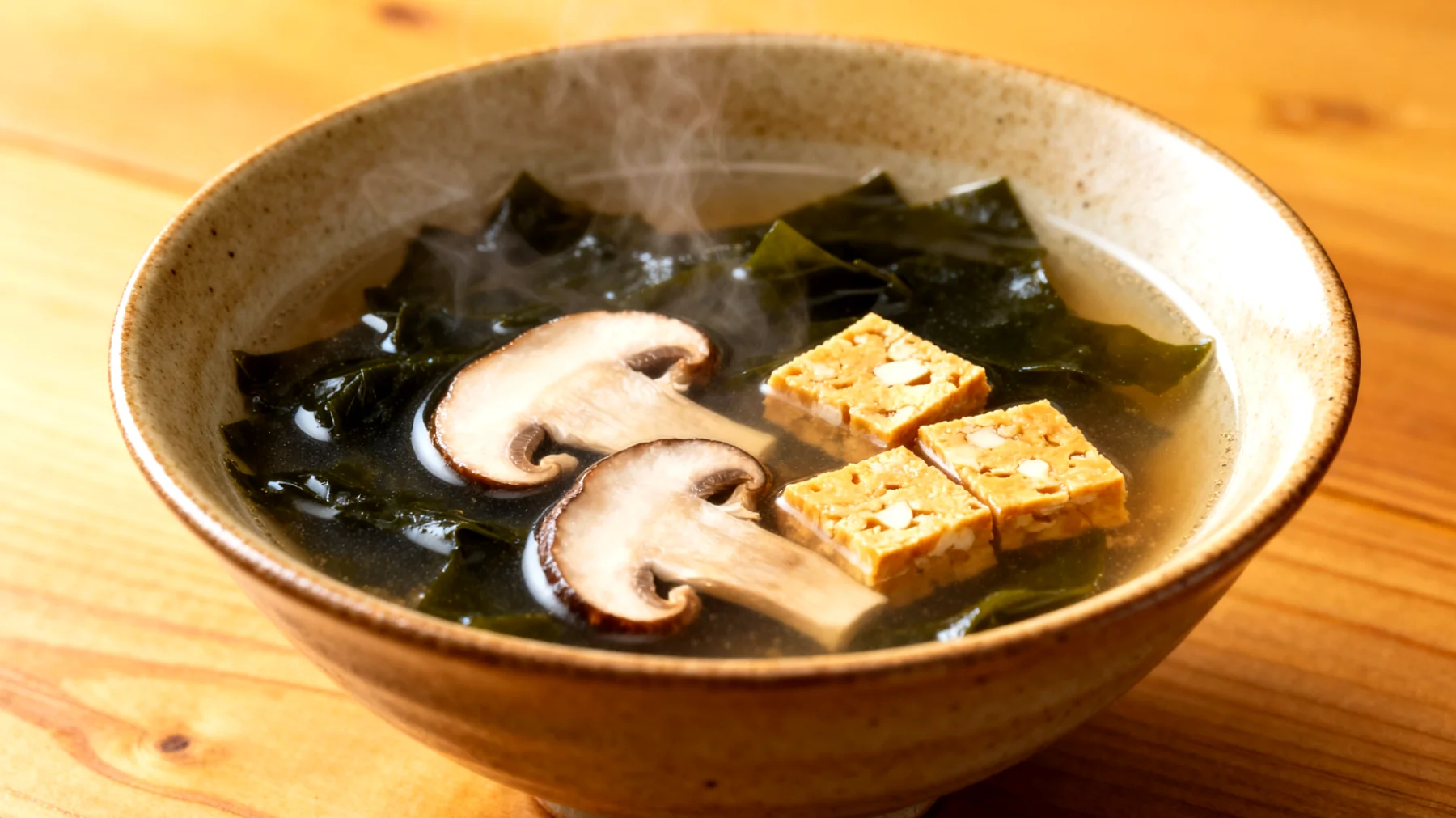 Miso-Suppe mit Wakame-Algen, Shiitake-Pilzen und fermentiertem Tempeh"