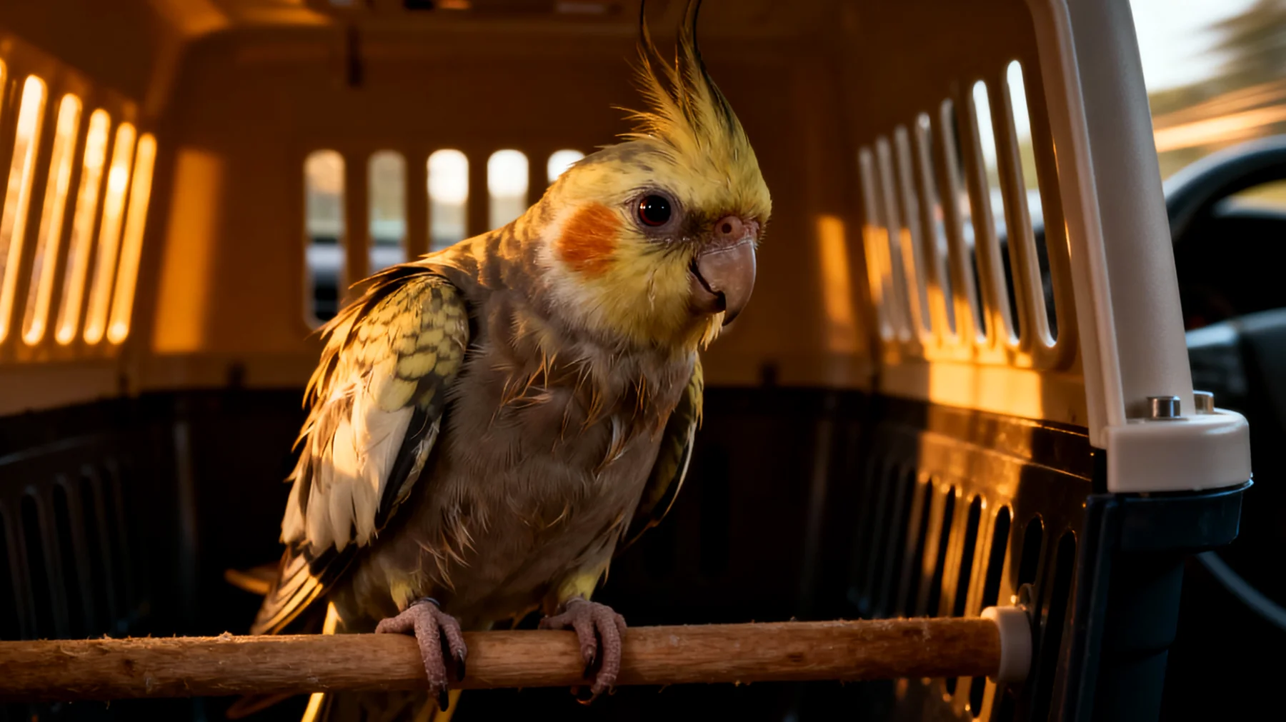Nymphensittiche leiden während der Reise unter erheblichem Stress durch ungewohnte Umgebung, Transportbox, Lärm und Temperaturschwankungen, was zu Angst, Dehydrierung und gesundheitlichen Risiken führen kann"