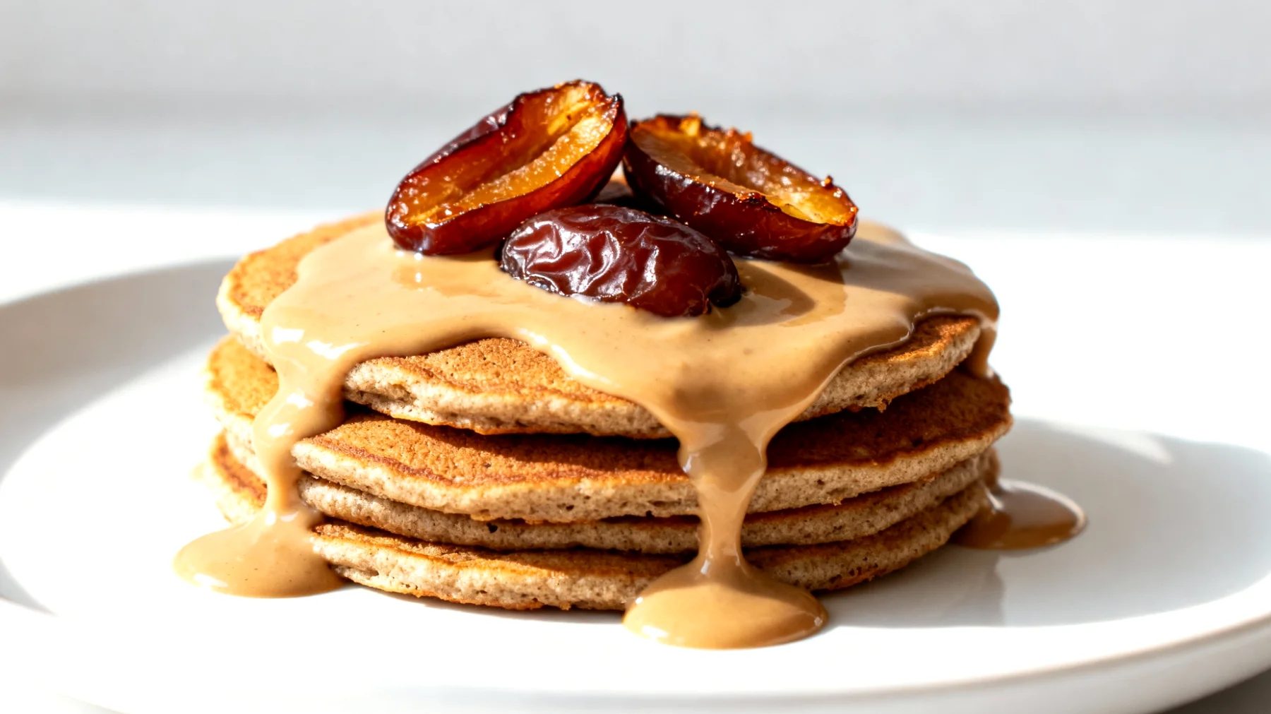 Buchweizen-Pfannkuchen mit Tahini und Datteln"