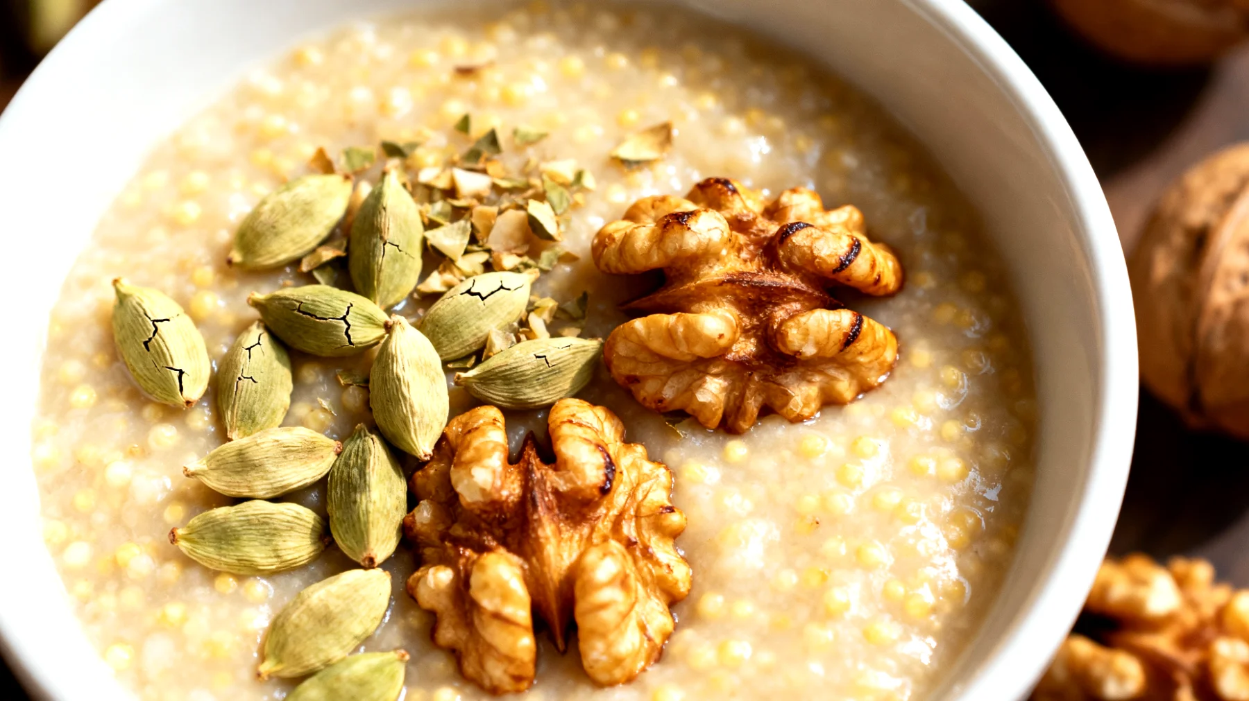 Hirsebrei mit Kardamom und gerösteten Walnüssen"