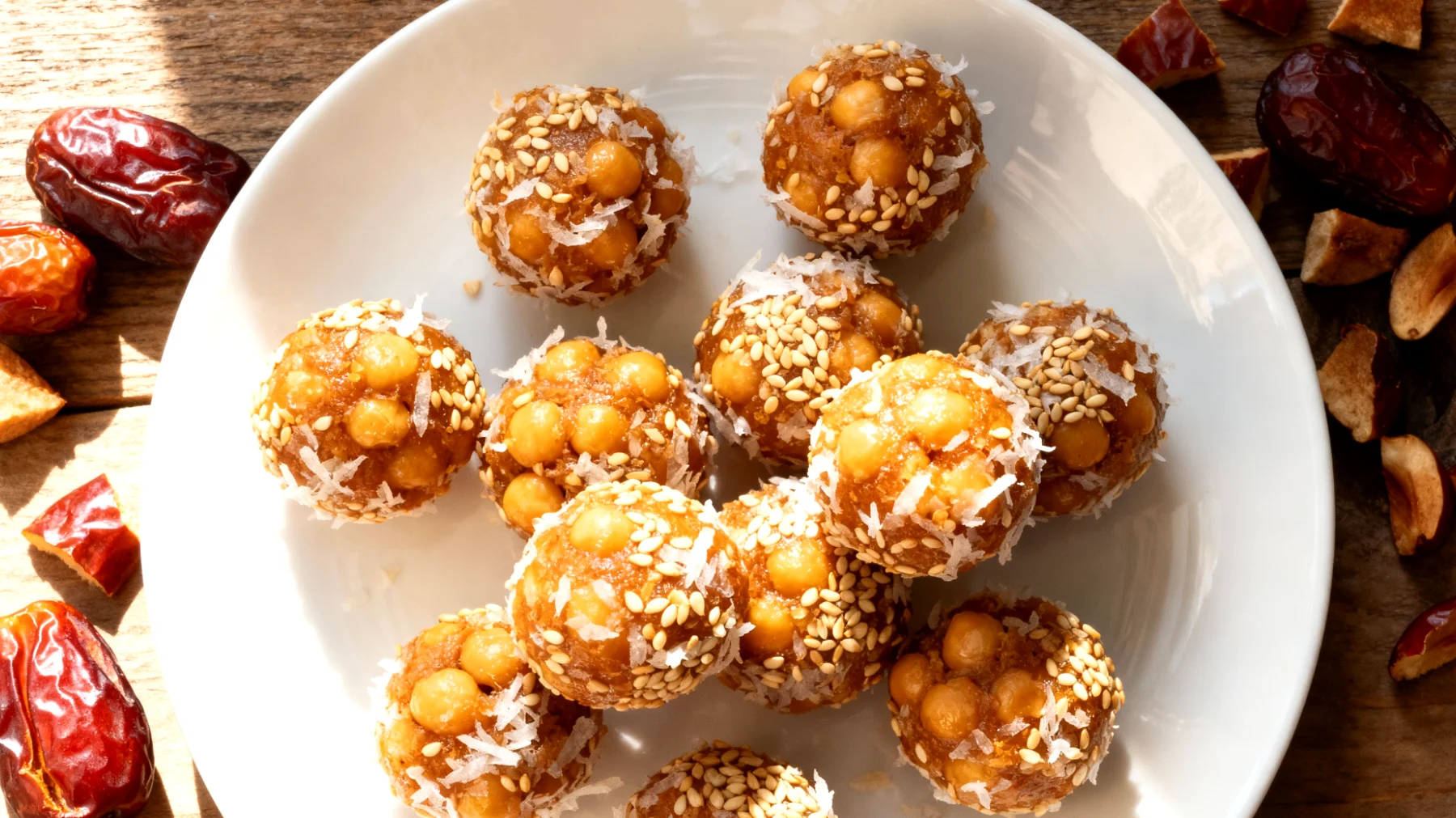 Kichererbsen-Kokos-Bällchen mit Sesam und Datteln"