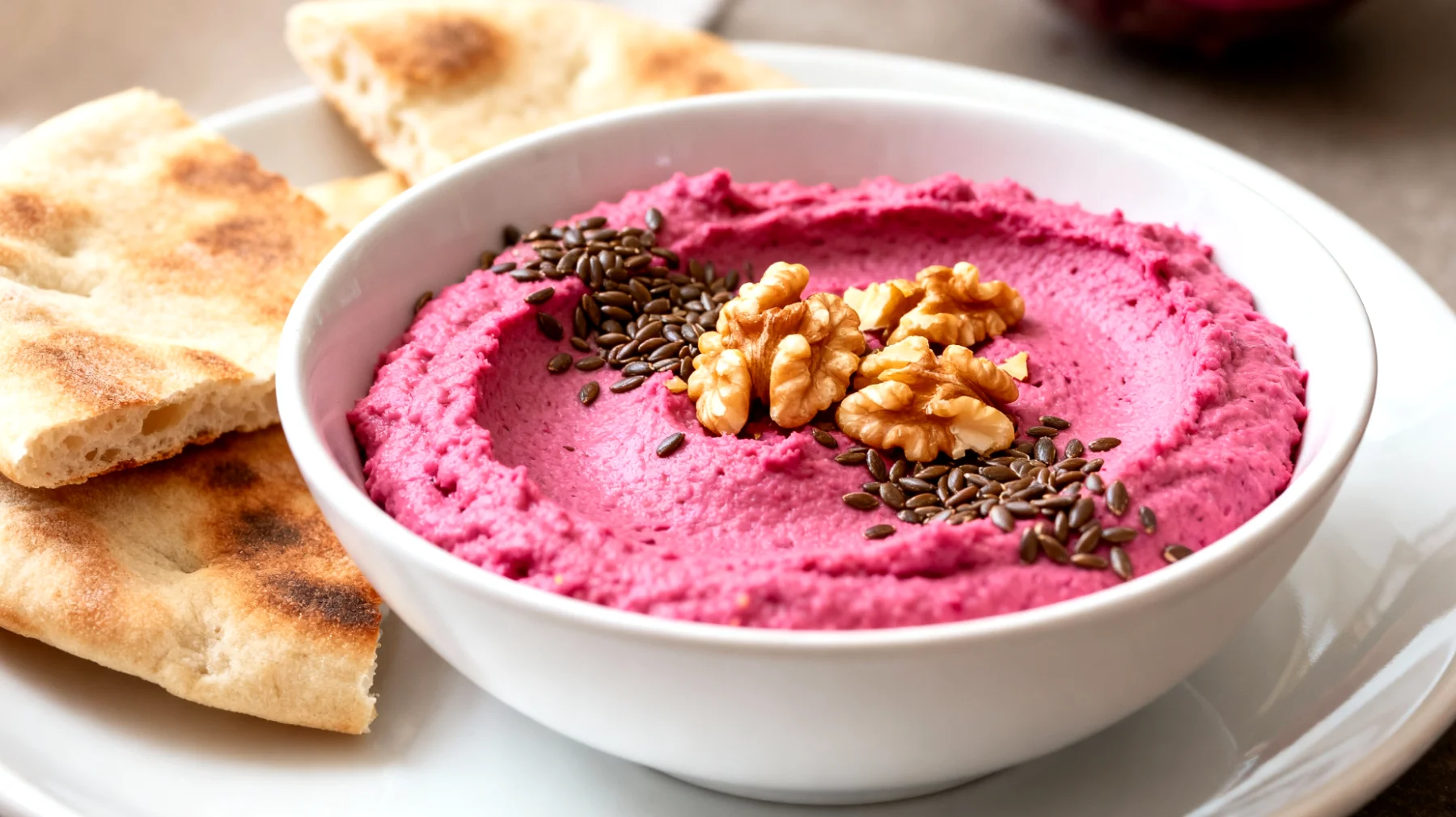 Rote-Bete-Hummus mit Walnüssen und Hanfsamen"